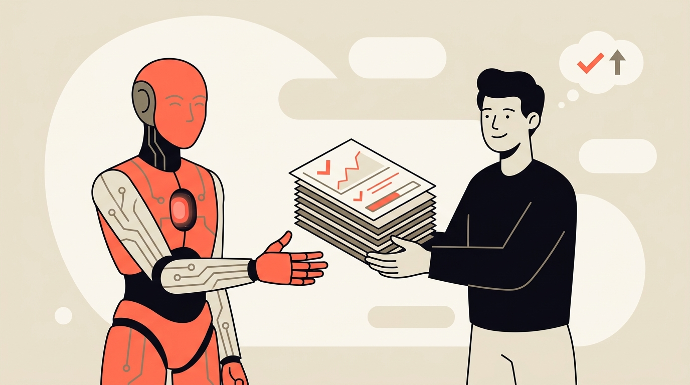 An AI figure handing over a completed piece of work, representing the shift from chatbot to digital colleague that finishes tasks