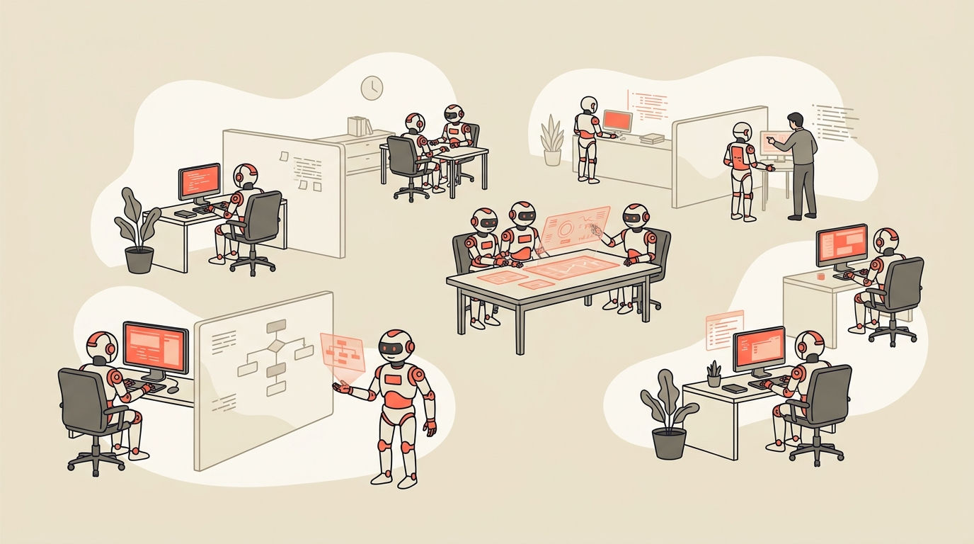 AI agents working across several office departments, representing a large company rolling out workplace AI