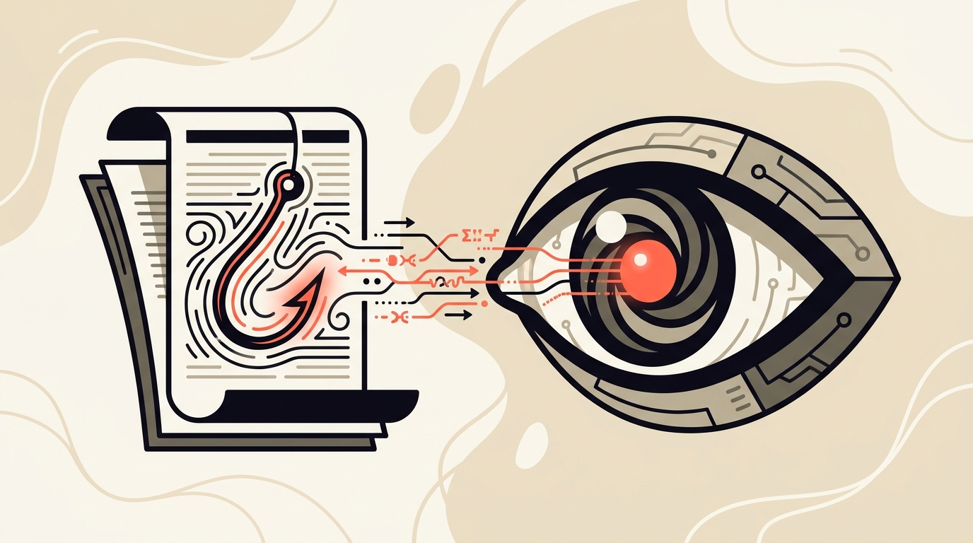 A hidden malicious instruction concealed inside a document being read by an AI, representing the prompt injection security risk