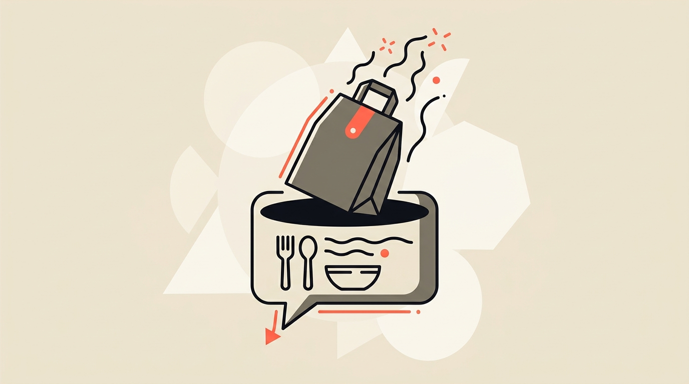 Flat vector illustration of a restaurant takeaway bag emerging from a chat speech bubble, coral accent on cream, no text