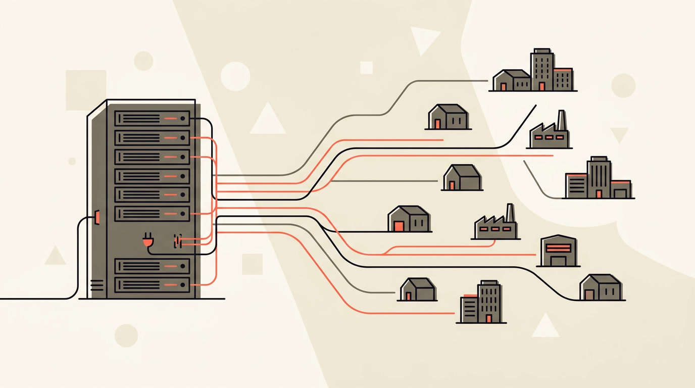 Flat vector illustration of a data centre server rack with power being shared out to smaller buildings, coral accent on cream