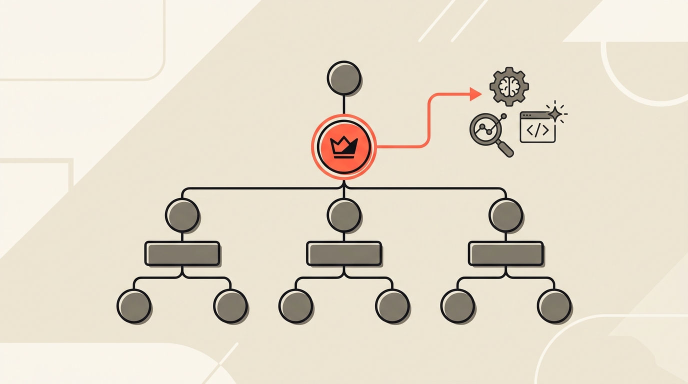 Flat vector illustration of an org chart with one highlighted owner node connected to AI tool icons, coral accent on cream