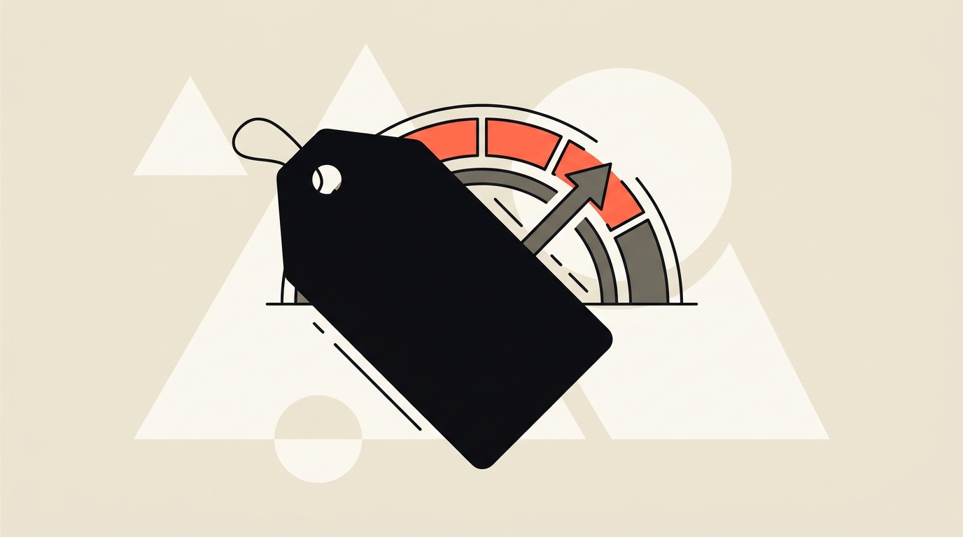 Flat vector illustration of a price tag that looks flat while a hidden meter climbs behind it, coral accent on cream