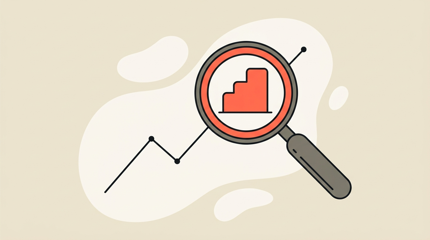 A magnifying glass over a chart tracking outcomes rather than hours, representing measuring real AI return
