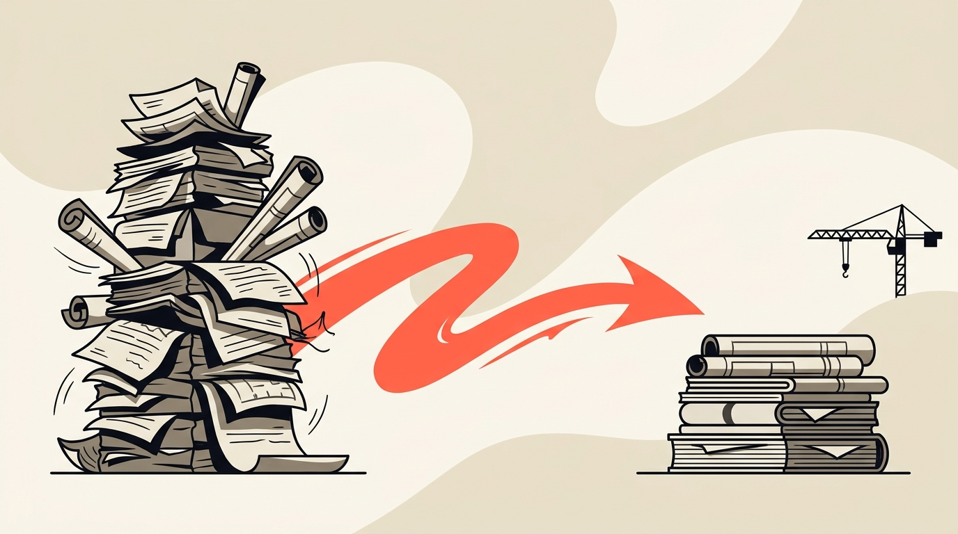 Flat vector illustration of a tall stack of construction documents shrinking into a short neat pile beside a crane silhouette, coral accents on cream