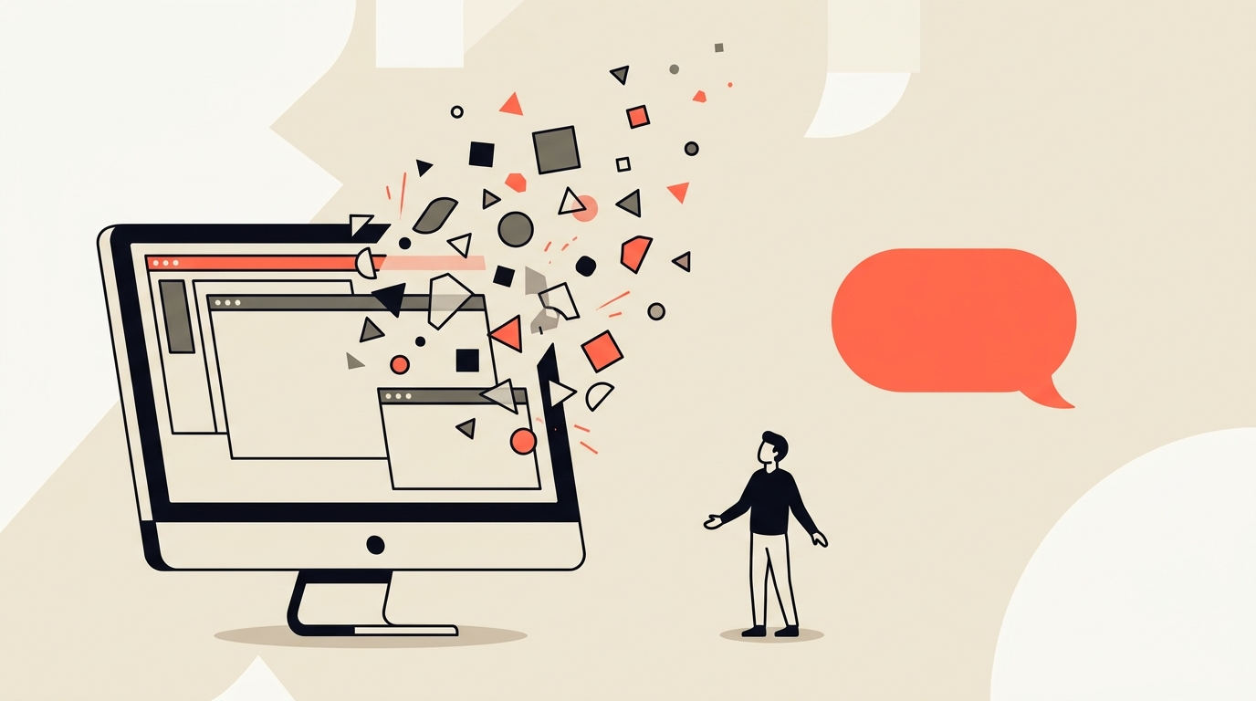 Flat vector illustration of a computer screen dissolving into empty space while a single coral speech bubble does the work, on a warm cream background