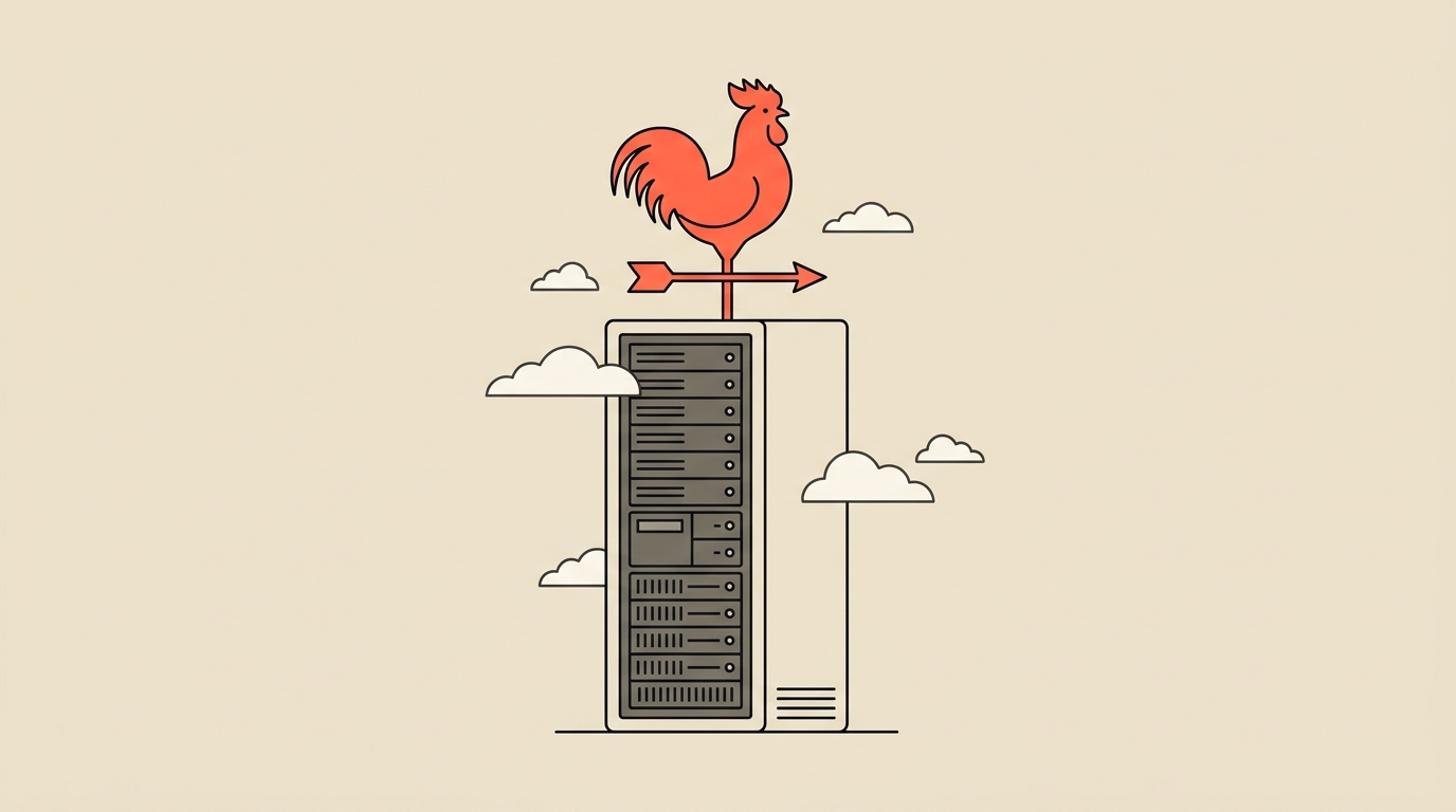 Flat vector illustration of a rooster weathervane standing on a server rack, coral on cream, symbolising French sovereign AI infrastructure