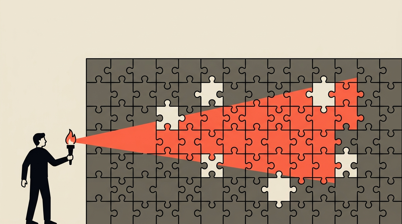 Flat vector illustration of a person shining a coral torch into dark blank puzzle gaps in their own silhouette, cream background, symbolising finding blind spots
