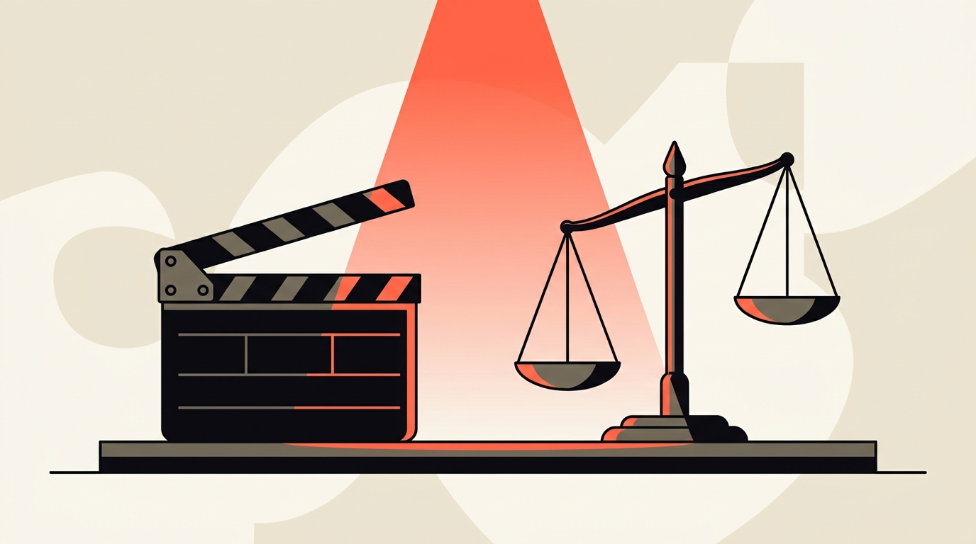 Flat vector illustration of a film clapperboard and a set of balance scales facing each other on a cream background with coral accents, symbolising the AI copyright court fight