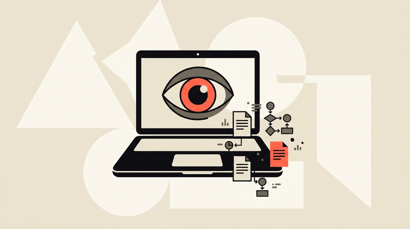 Flat vector illustration of an open laptop with a large eye on the screen looking down at documents and workflow shapes, cream background with coral accent, representing closed AI models watching business data