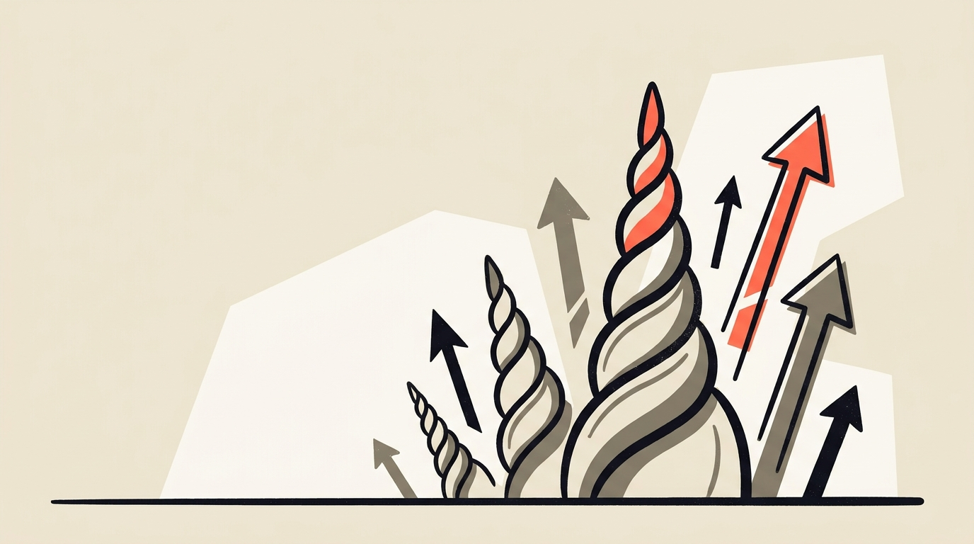 Flat vector illustration of a rising cluster of abstract unicorn horn shapes and upward arrows on a cream background with coral accents, representing a surge of new billion-dollar startups