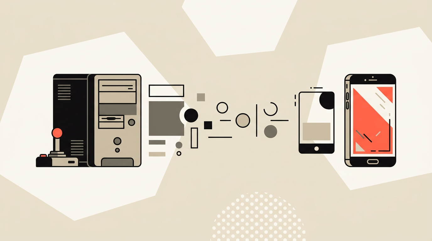 Flat vector illustration of a desktop computer tower transforming into a smartphone with a game joystick motif, cream background with coral accent, representing an old PC game ported to iPhone by AI