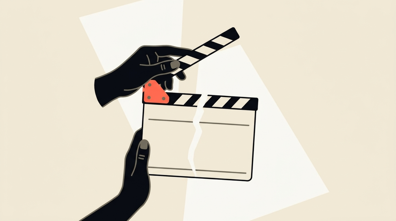 Flat vector illustration of a film clapperboard split in two, one half held up and one half pushed away, cream background with coral accent, representing Hollywood's split stance on AI video tools