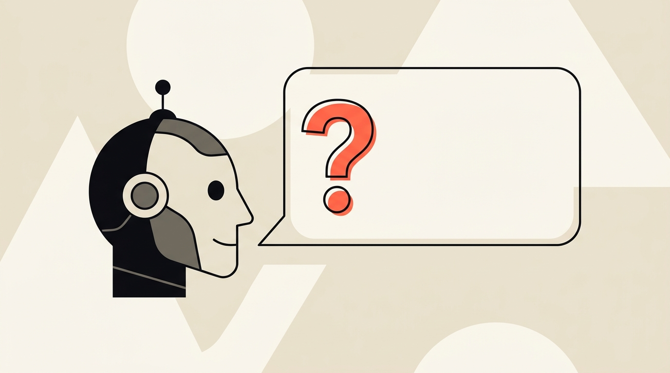 Flat vector illustration of a robot head with a large question mark speech bubble left empty, cream background with coral accent, representing AI agents failing to ask clarifying questions