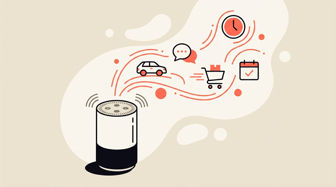 A voice assistant device completing several linked everyday tasks at once, representing Amazon making Alexa handle multi-step jobs
