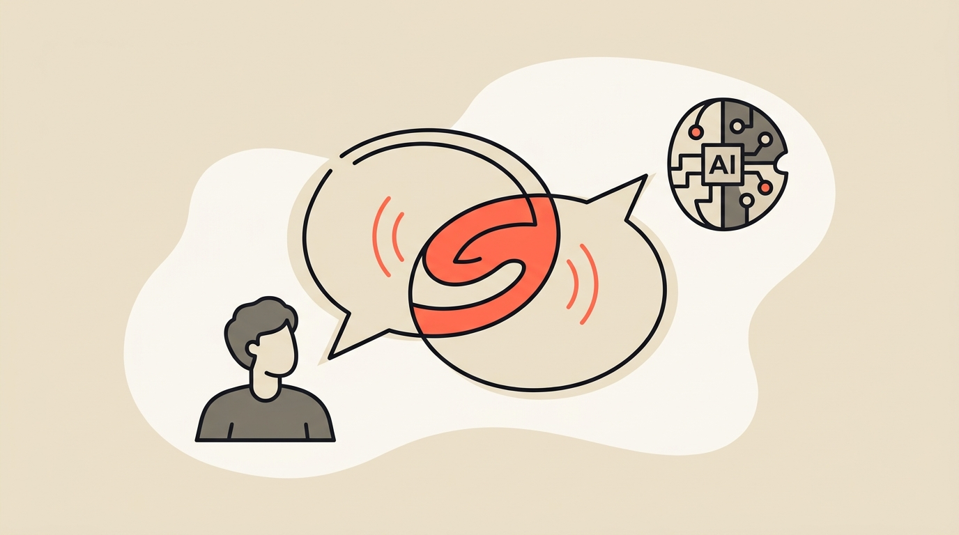 Two speech bubbles overlapping to show listening and speaking at the same time, representing a more human real-time AI voice