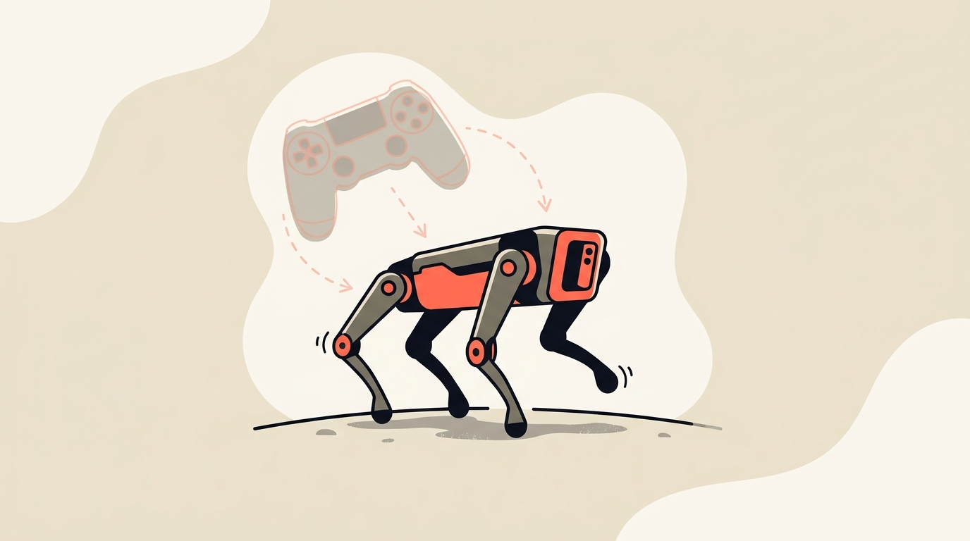 A four-legged robot learning to move with a video game controller in the background, representing game data training physical robots