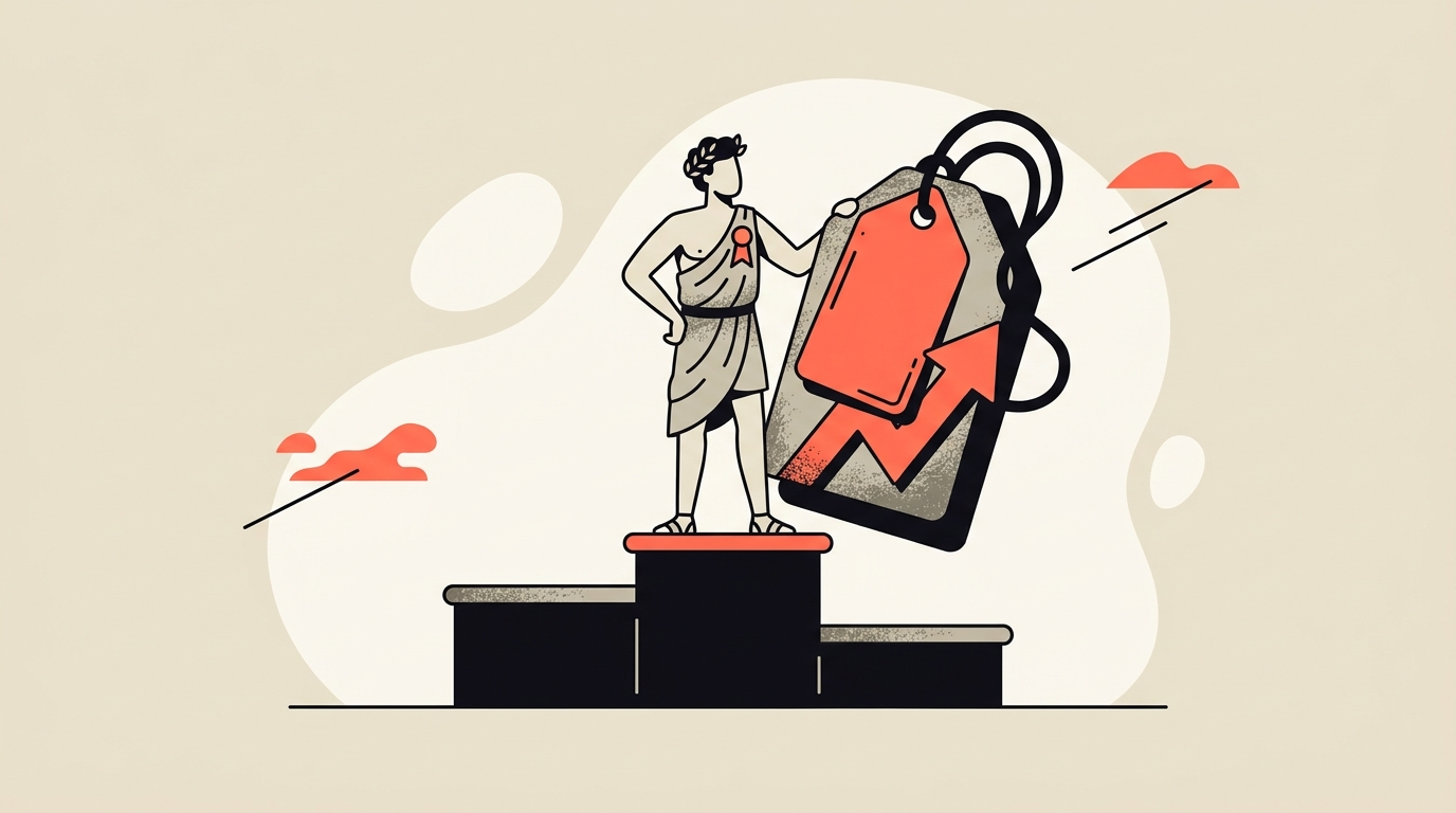 A premium AI model on a winner's podium beside a large price tag, representing the most capable model costing a steep premium