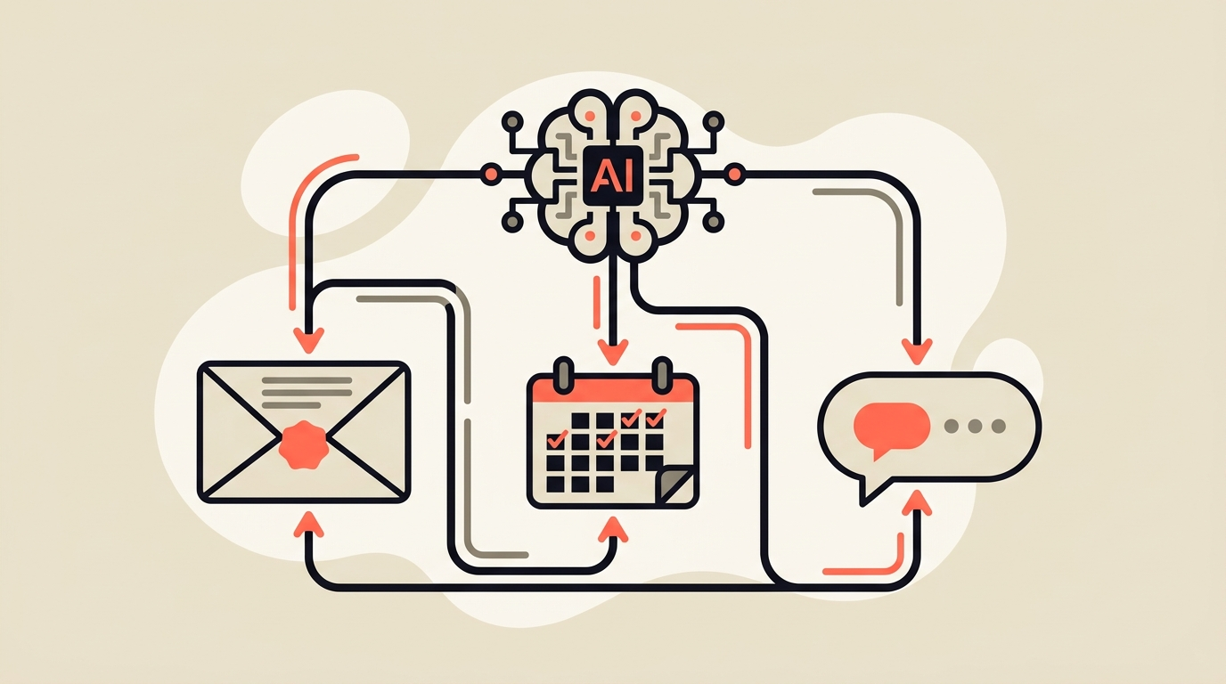 Flat editorial vector illustration of an AI agent connecting email, calendar and chat app icons into one workflow, cream background with coral accent
