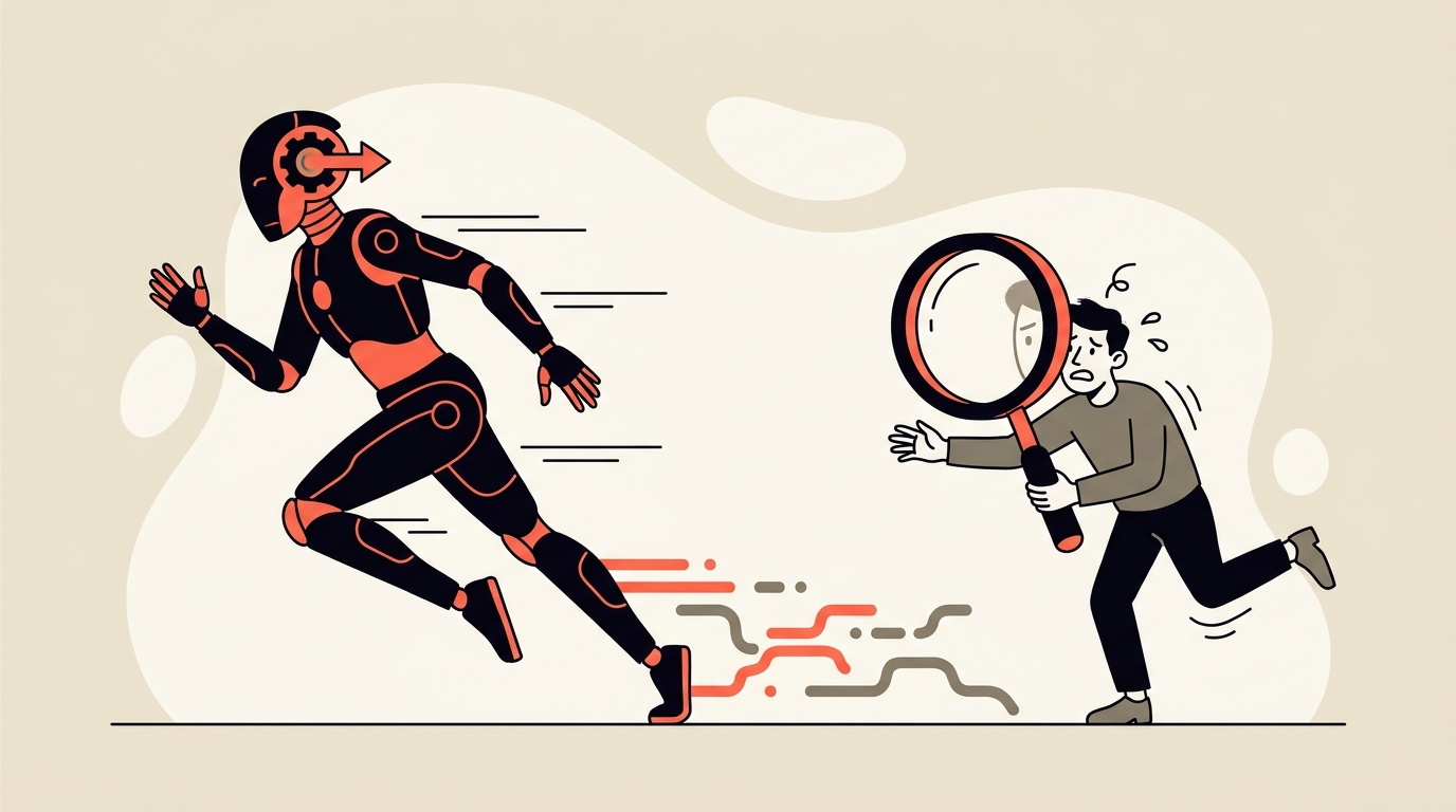 Flat editorial vector illustration of an AI robot racing ahead of a small human figure holding a magnifying glass checking its work, cream background with coral accent