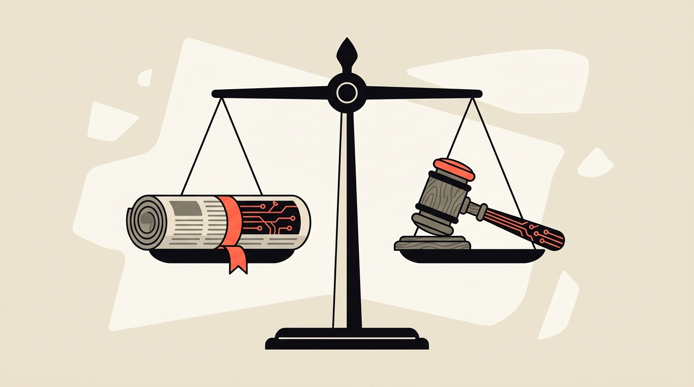 Flat editorial vector illustration of a newspaper and a courtroom gavel on scales of justice, cream background with coral accent
