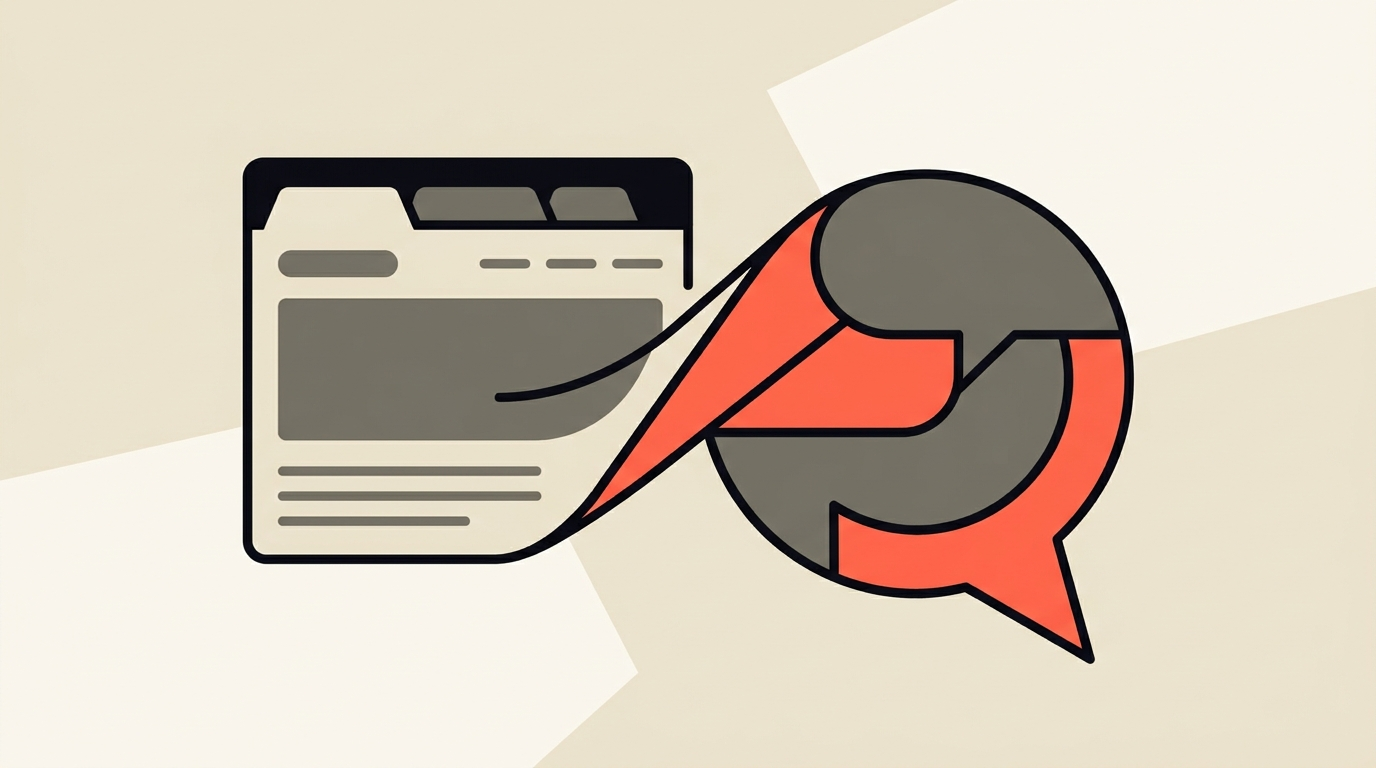 Flat editorial vector illustration of a web browser window folding into a chat bubble, cream background with coral accent