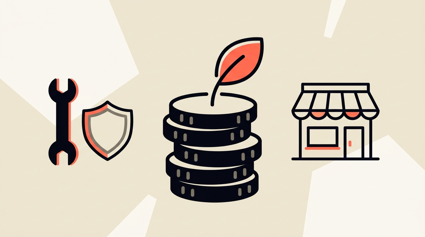 Flat editorial vector illustration of coins and a growing plant beside a wrench, a shield and a small shopfront, cream background with coral accent