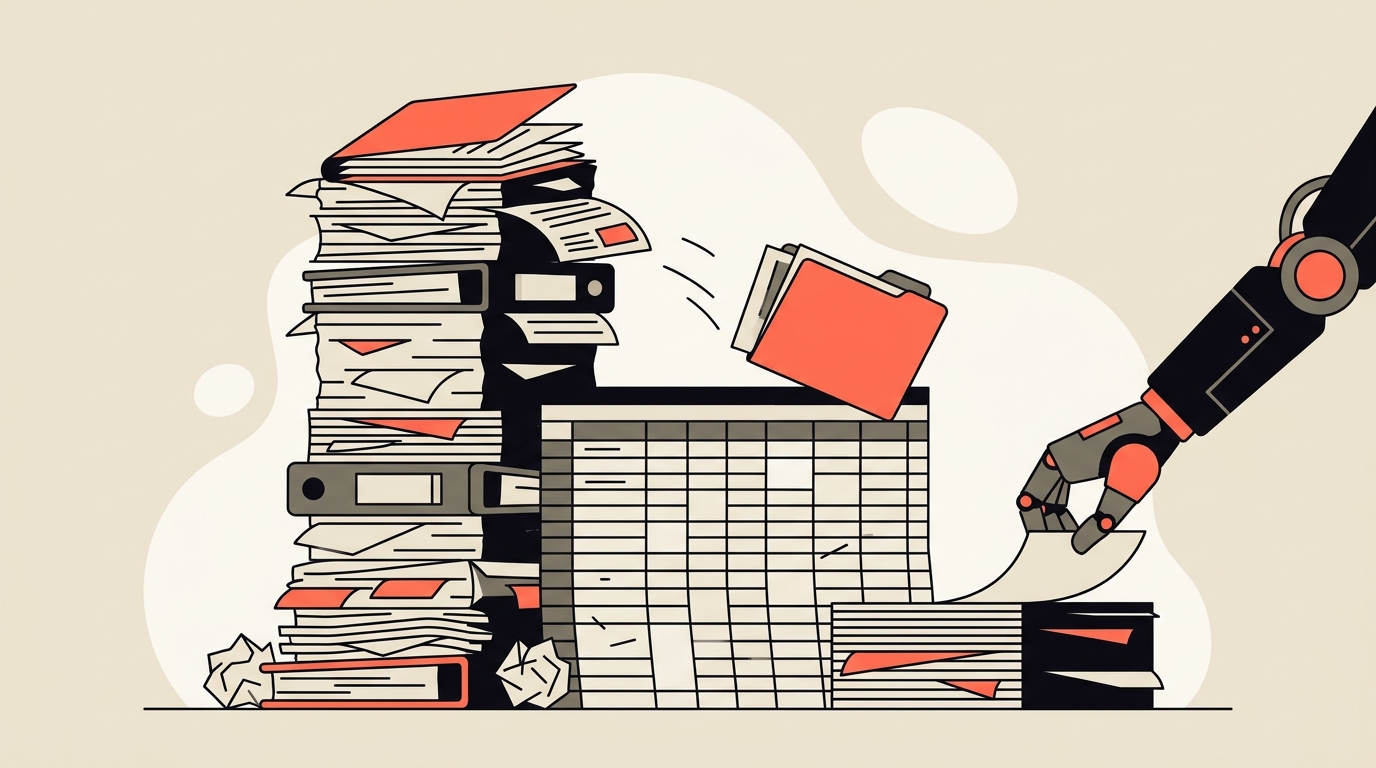 Flat vector illustration of a stack of routine office paperwork and a spreadsheet being cleared by an abstract helping hand, warm cream background with coral accent, no text