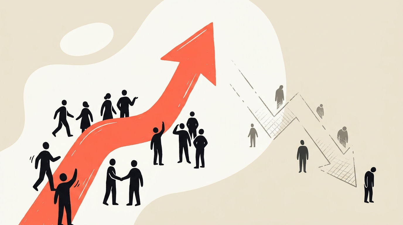 Flat vector illustration of office figures and an upward jobs arrow balanced against a downward arrow, warm cream with a single coral accent, no text