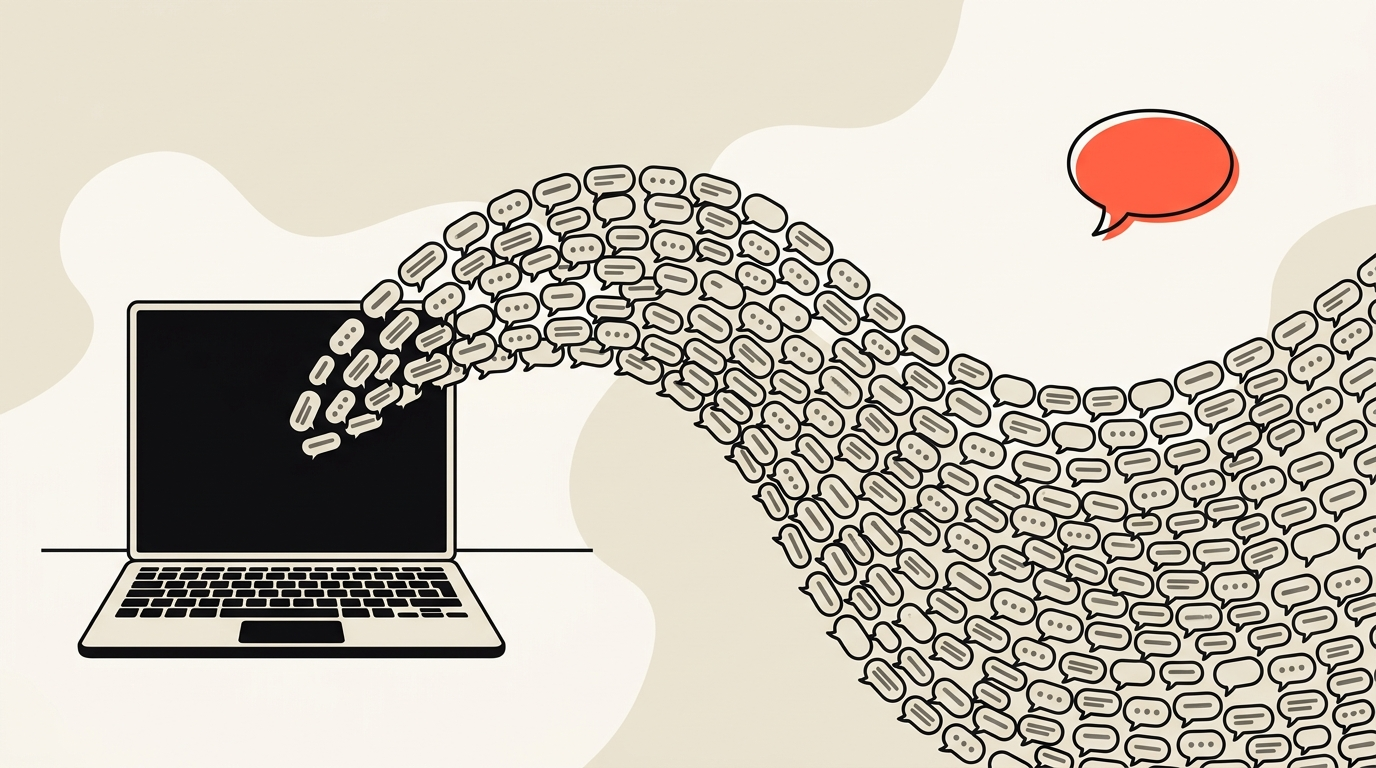 Flat vector illustration of identical speech bubbles streaming from a laptop with one distinct coral bubble standing out, cream background, no text