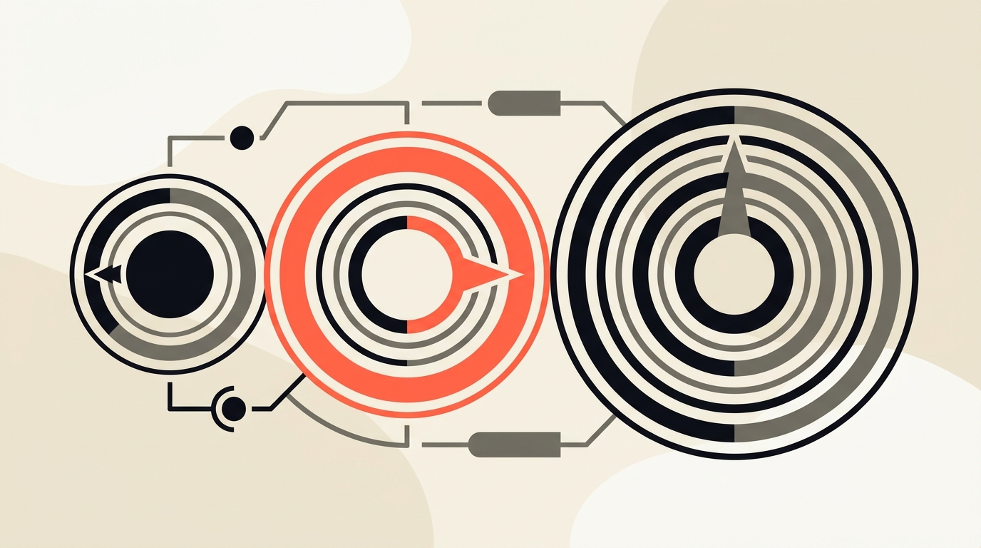 Flat vector illustration of three differently sized tool dials or model tiers arranged small to large, cream background with coral accent, no text
