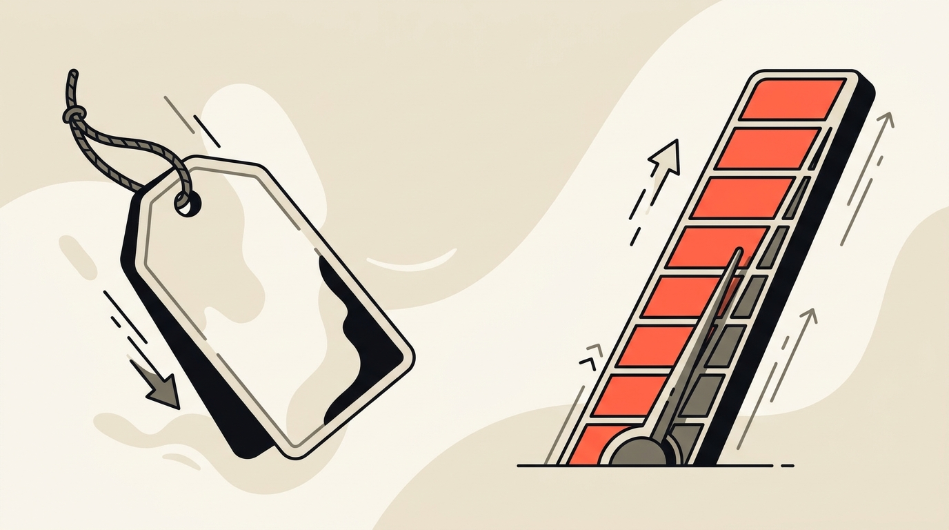 Flat vector illustration of a falling price tag beside a rising meter of usage tokens, warm cream with coral accent, no text