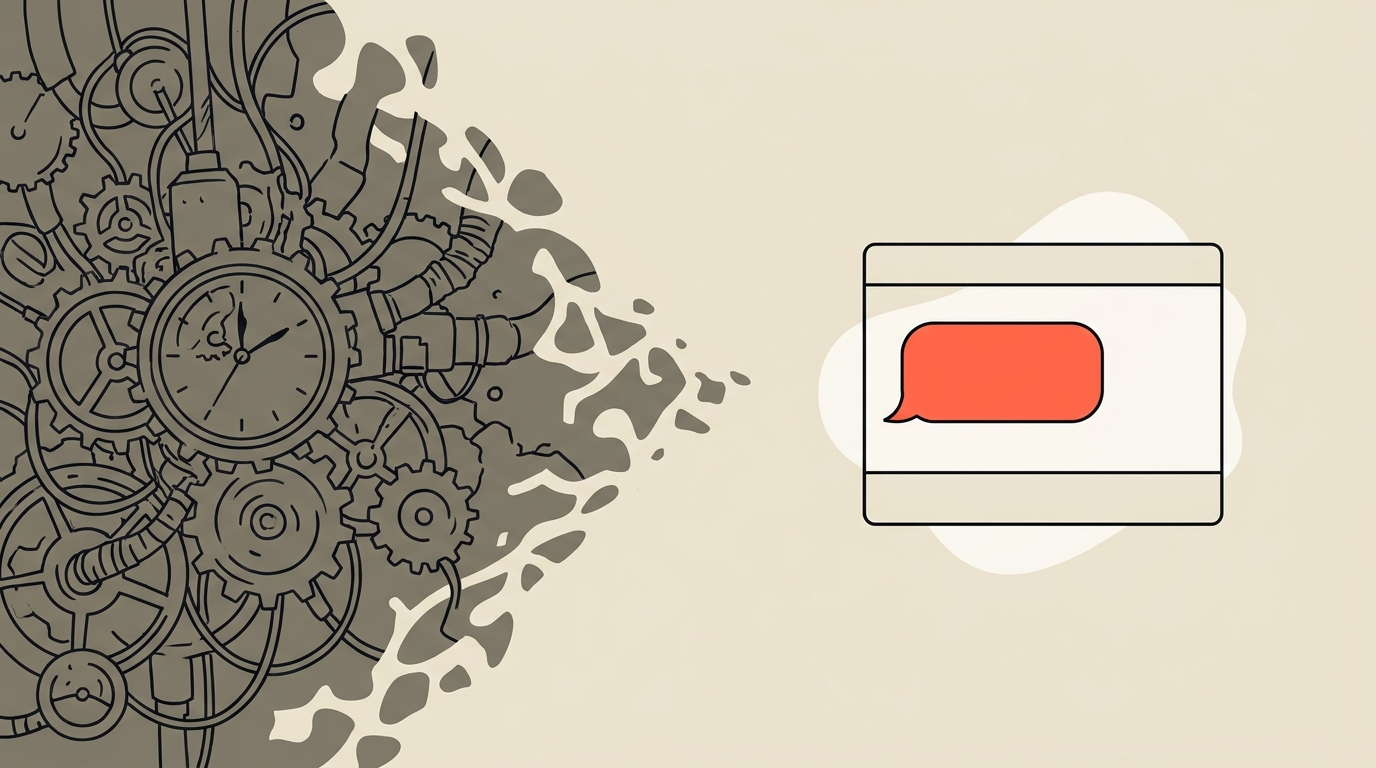 old_complex_ai_machinery_versus_simple_plain_english_chat_window_flat_illustration