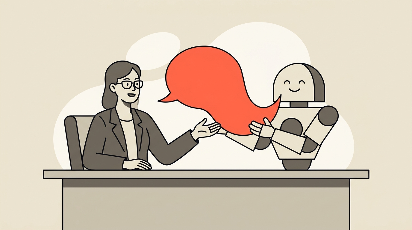 owner_briefing_ai_assistant_like_a_new_staff_member_speech_bubbles_flat_illustration