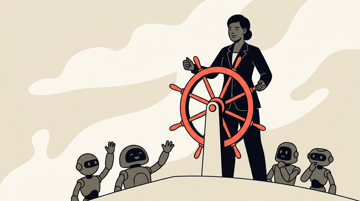 Flat vector illustration of a business leader at a ship's wheel steering past small friendly and wary robot agents, warm cream background with coral accent, no text