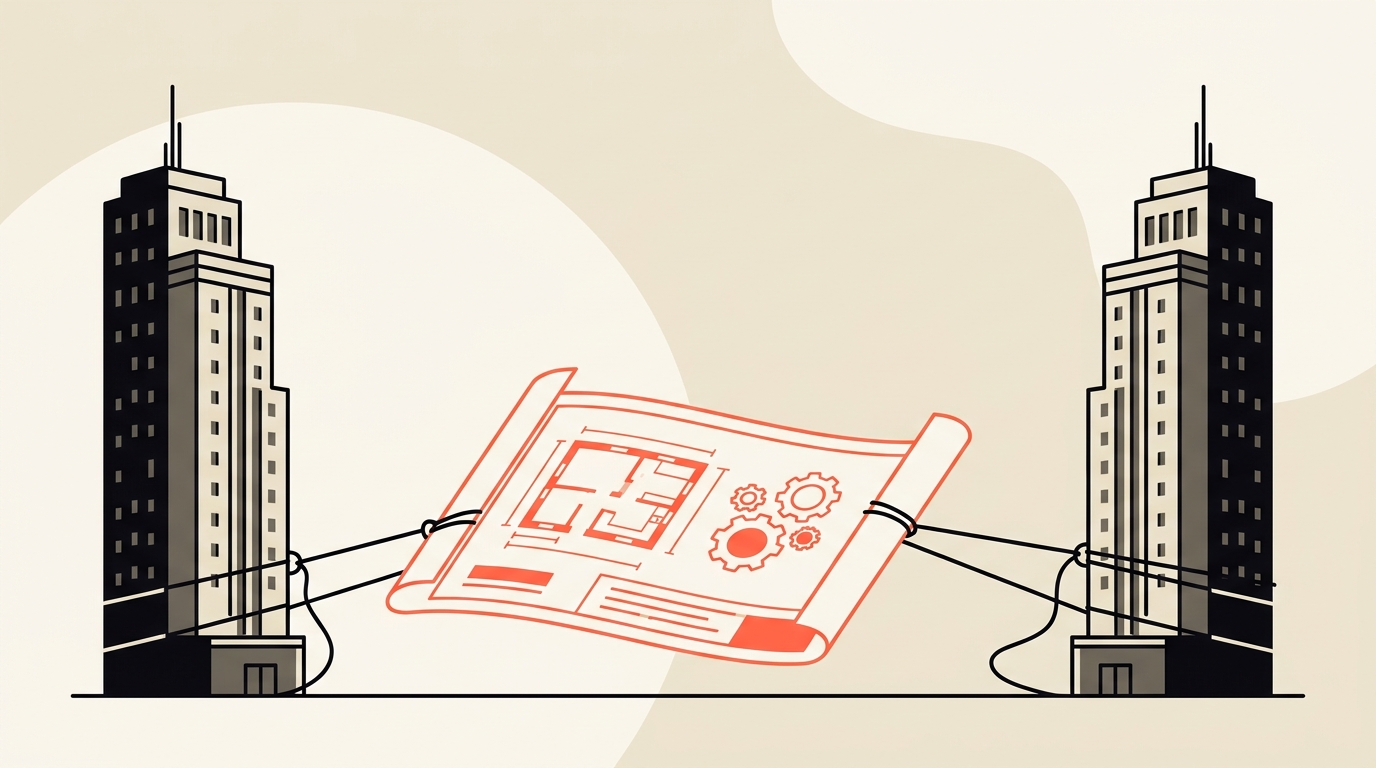Flat vector illustration of two office towers with a blueprint document being pulled between them, warm cream with a single coral accent, no text
