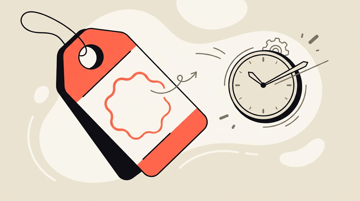 Flat vector illustration of a coral price tag with a small clock showing extended free time, cream background, no text