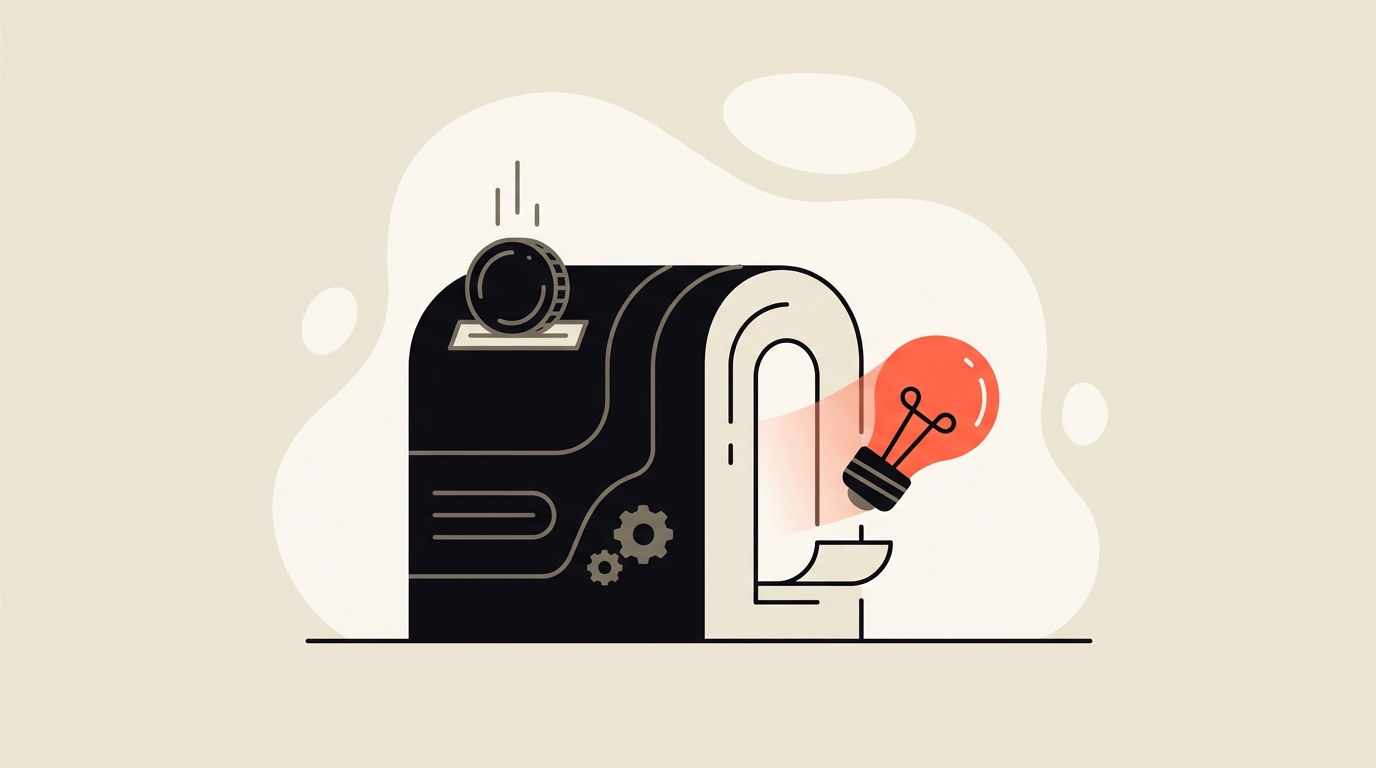 Flat vector illustration of a coin dropping into a machine while a glowing lightbulb of knowledge quietly leaks out the other side, cream with coral accent, no text