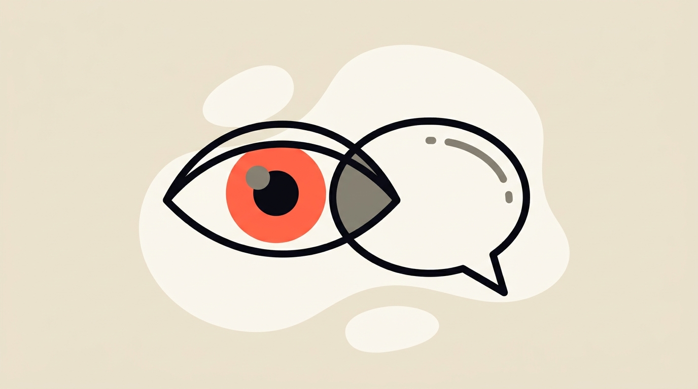 Flat vector illustration of an eye and a speech bubble merging together to show images given equal weight with words, warm cream with coral accent, no text
