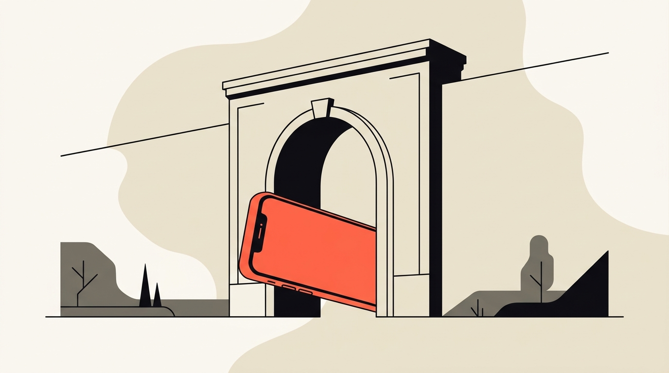 Flat vector illustration of a smartphone passing through a gateway in a large wall between two regions, warm cream with coral accent, no text