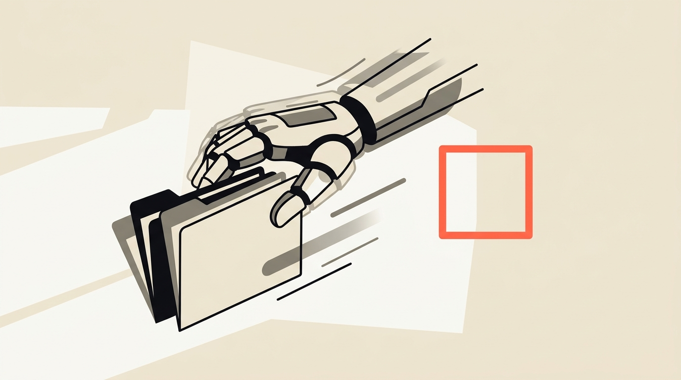 Flat vector illustration of a robotic hand moving file folders past a missing approval tick, warm cream with a single coral accent, no text