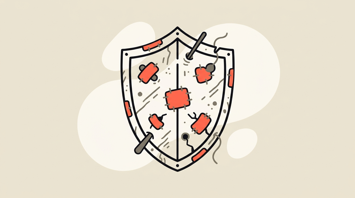 Flat vector illustration of a shield with many small patches sealing holes in it, cream background with coral accent, no text