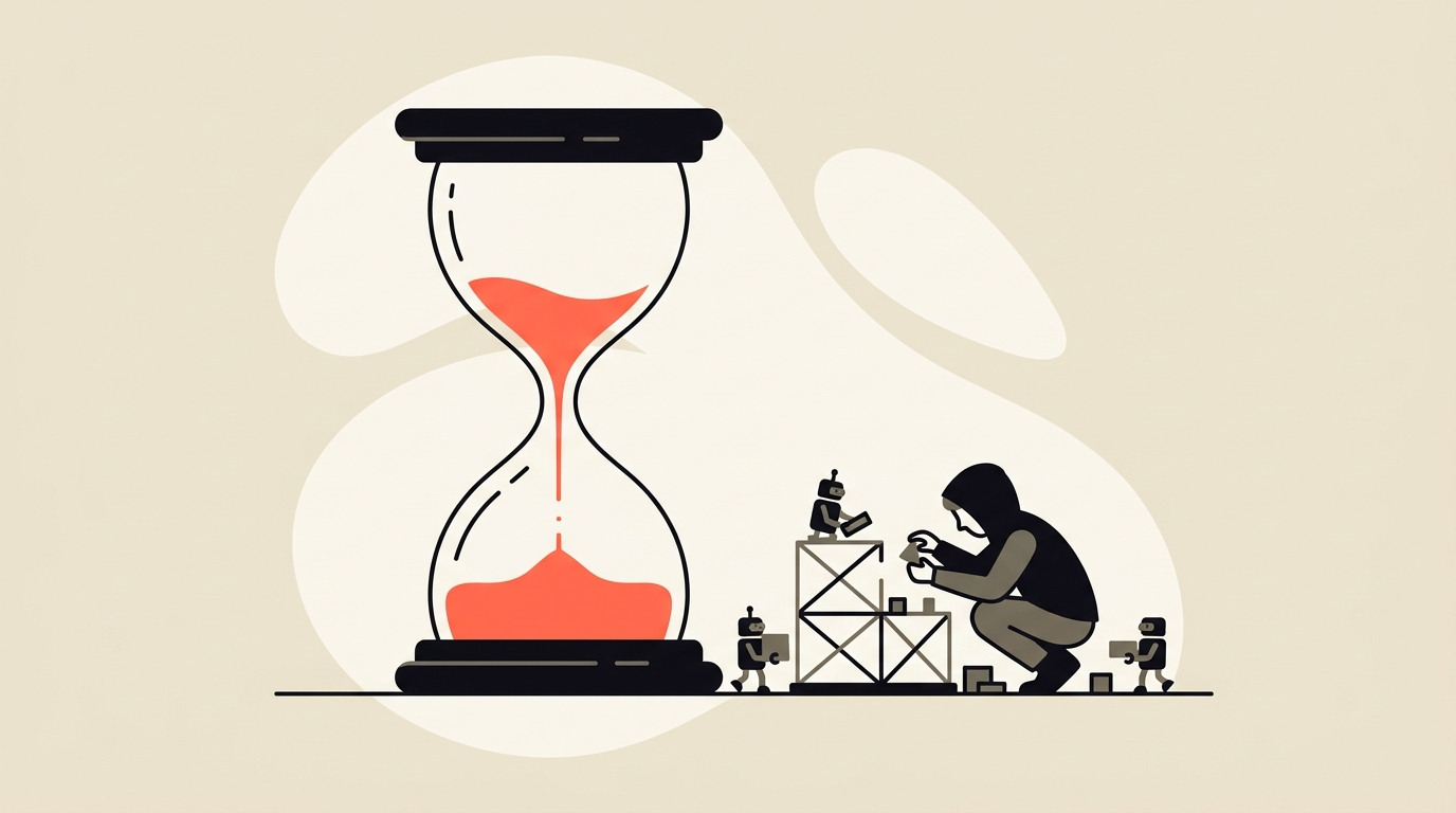 Flat vector illustration of an hourglass beside a figure rebuilding a structure for small robot agents, cream with coral accent, no text