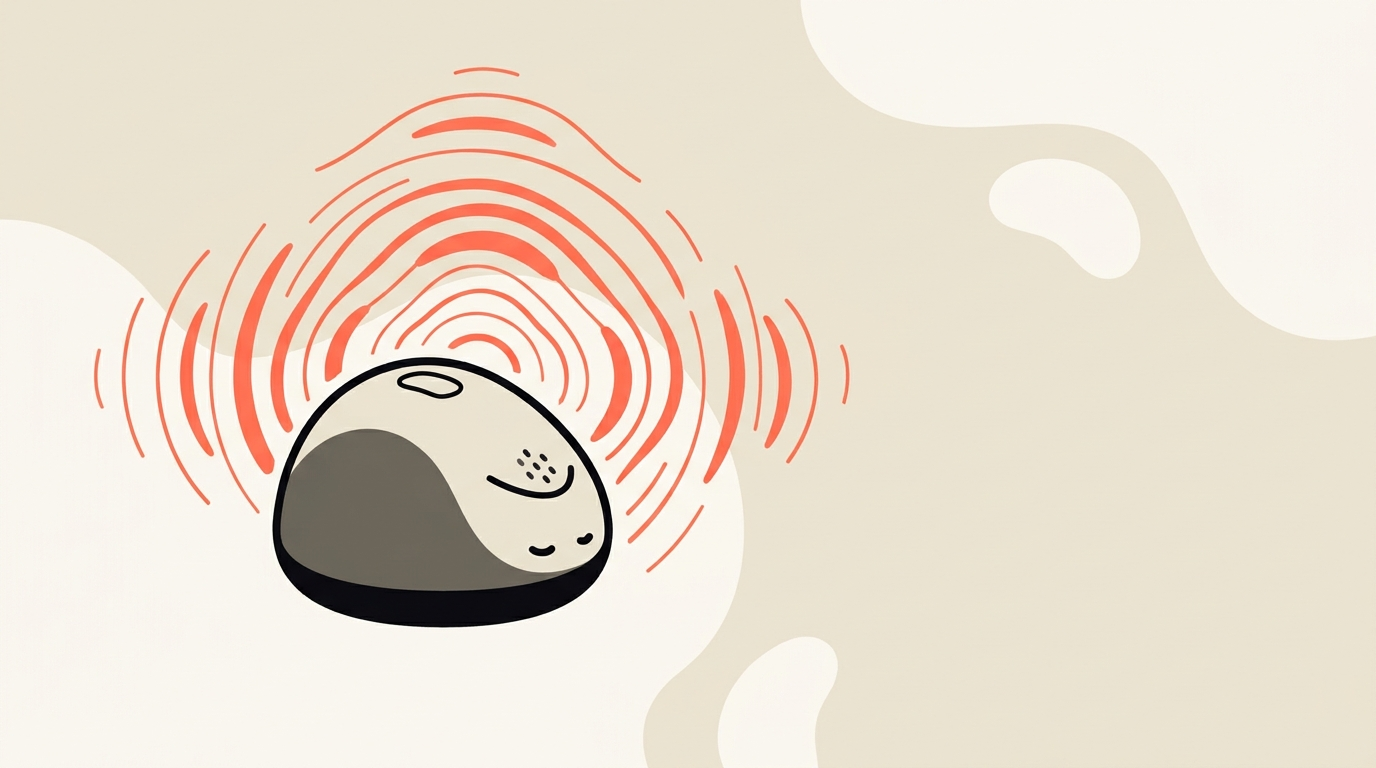 Flat vector illustration of a small rounded screen-free speaker emitting gentle sound waves, warm cream with coral accent, no text