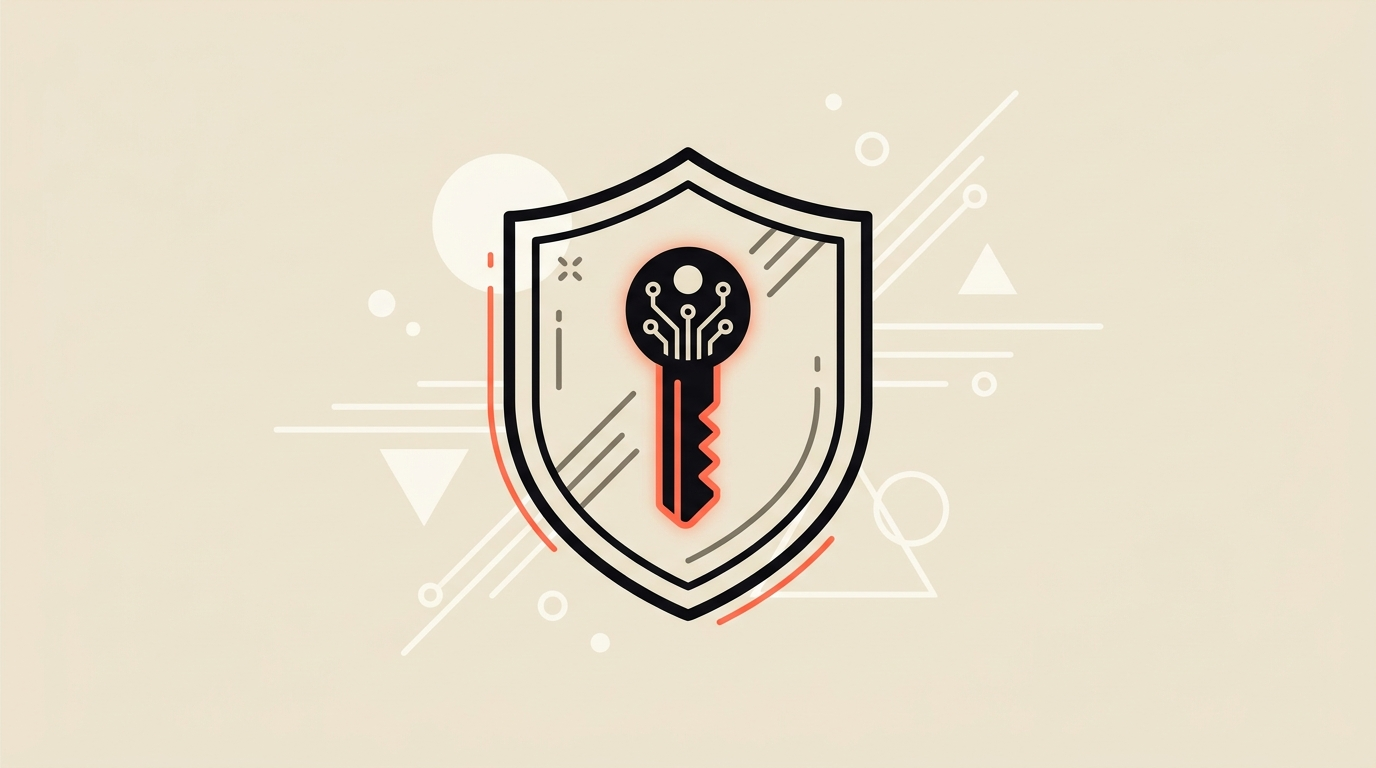 Cream and coral flat illustration of a key inside a shield, symbolising AI agent security and access control