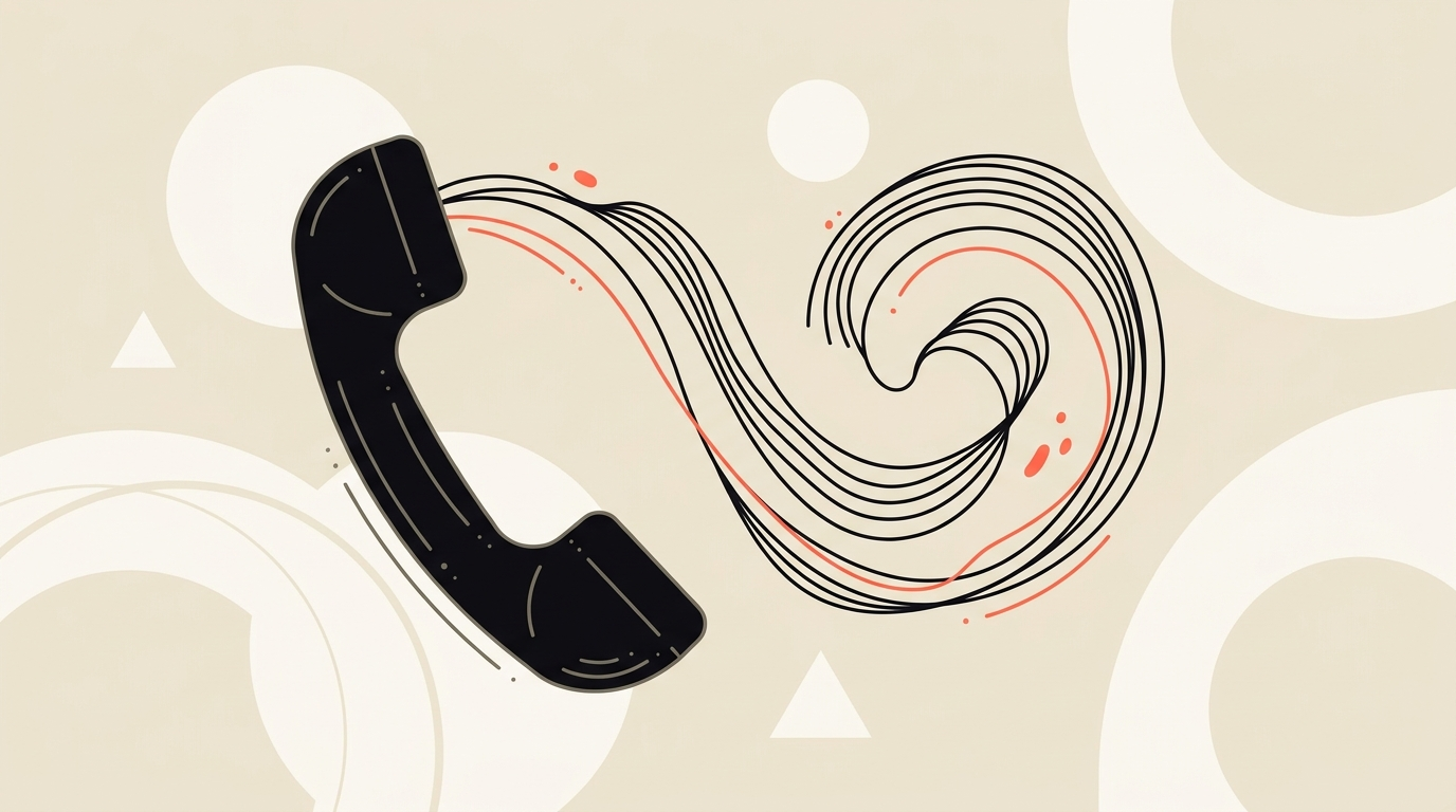 Cream and coral flat illustration of a telephone handset with a soundwave, symbolising an AI voice assistant taking orders