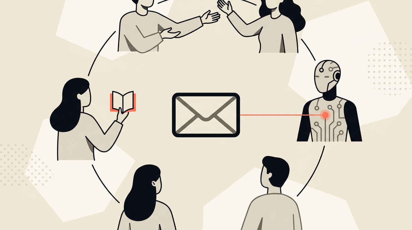 Cream and coral flat illustration of connected figures around an envelope, symbolising a newsletter community and AI assistant