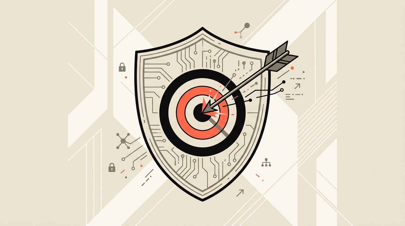 Cream and coral flat illustration of a shield with a target, symbolising AI security testing and red-teaming
