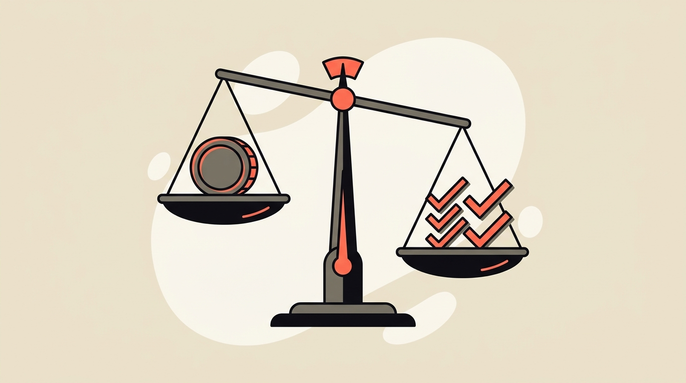 Flat cream and coral vector illustration of a balance scale weighing a coin against a stack of task tick marks