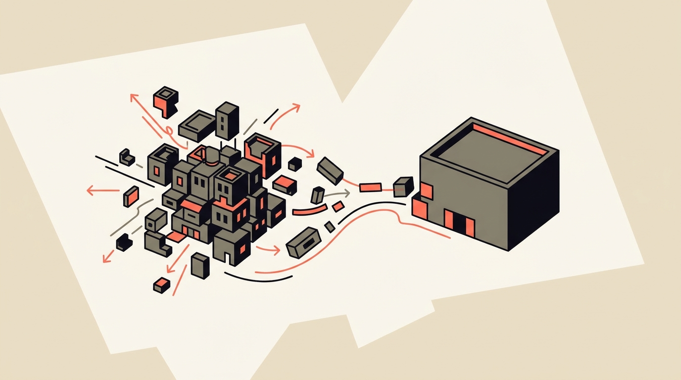 Flat cream and coral vector illustration of building blocks being taken apart and rebuilt into a simpler shape